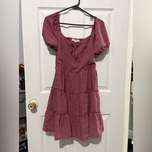 Mauve Dress with Tie Detail, Tier Layers & Puff Sleeves - size large